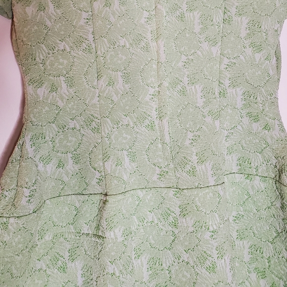 Mossy Mod Light Green Brocade Short-Sleeve Mini Dress with Pleats & Pocket - Picture 8 of 14